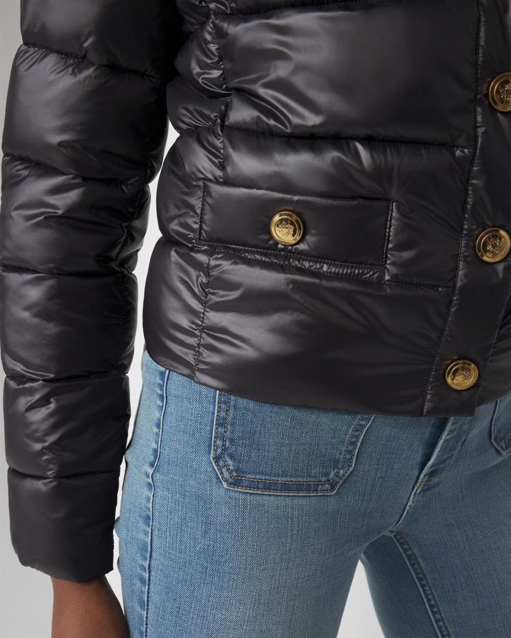 Collarless puffer jacket sales